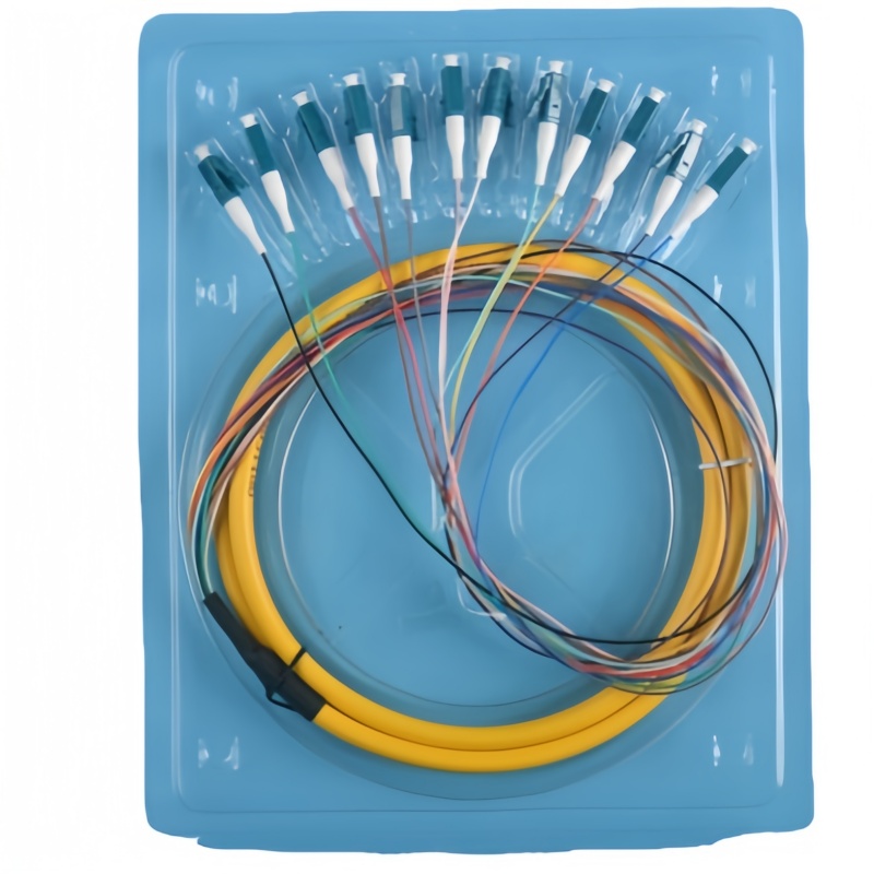 LC UPC 12-core single-mode yellow fan-out with color-coded 0.9mm pigtails in TIA-598 order