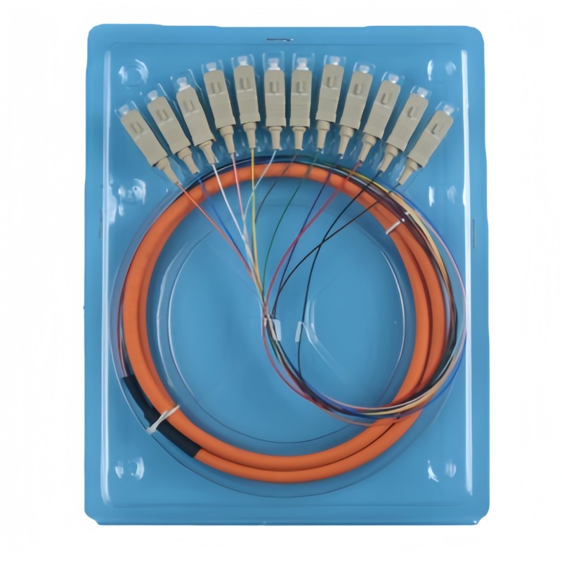 SC UPC 12-core multimode orange fan-out with twelve color-coded fiber legs