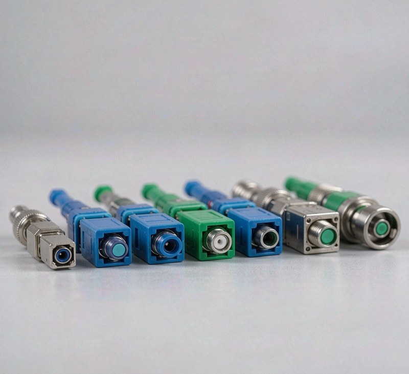 Set of fixed fiber optic attenuators in LC, SC and FC housings with blue UPC and green APC bodies