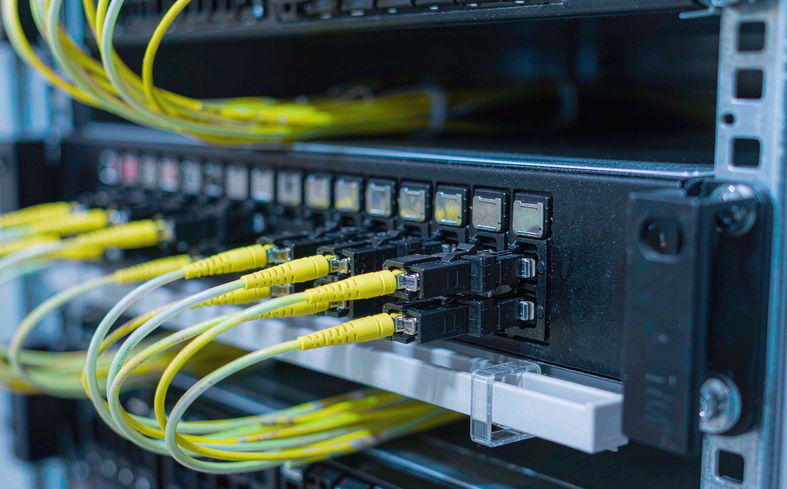 High-density LC uniboot patch cords routed across a raised-floor data center plenum